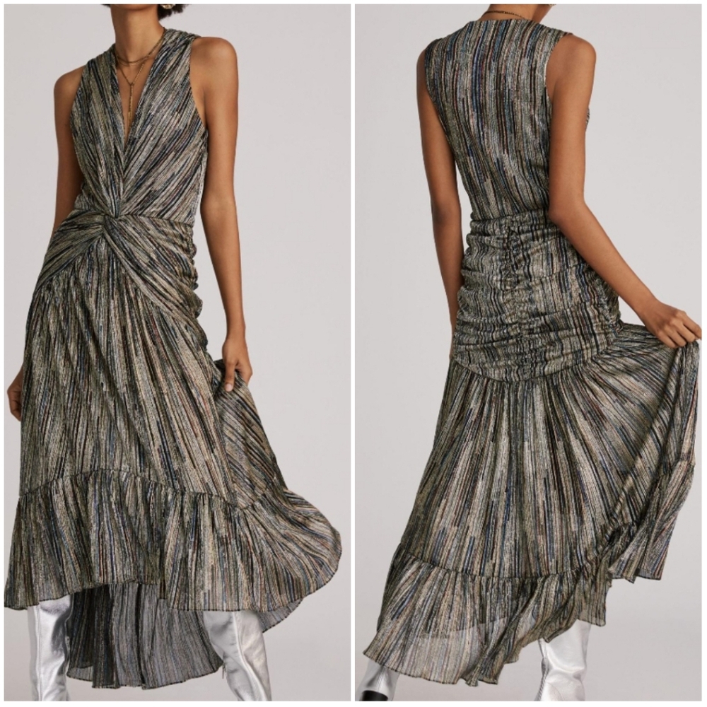 MISA Los Angeles Metallic High-Low Midi Dress | Size XS | NWT | Ruched Detail
